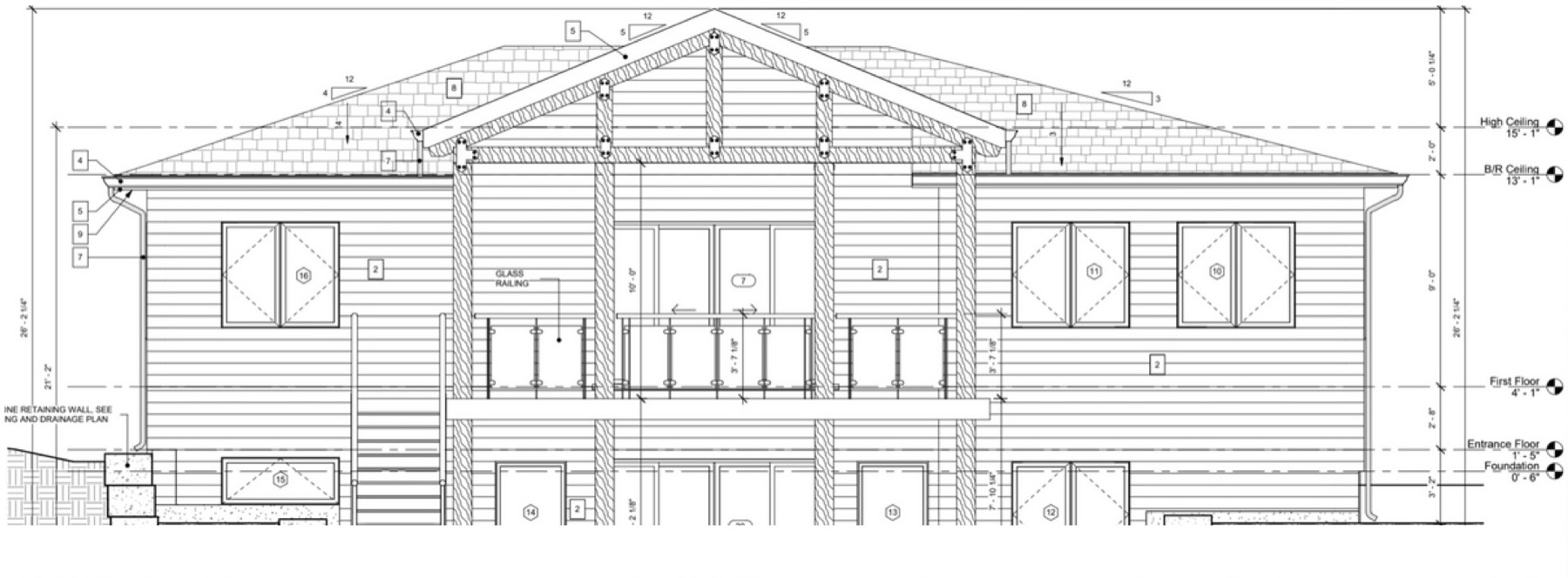 Rear elevation drawing of a modern house with a central gable and glass railing