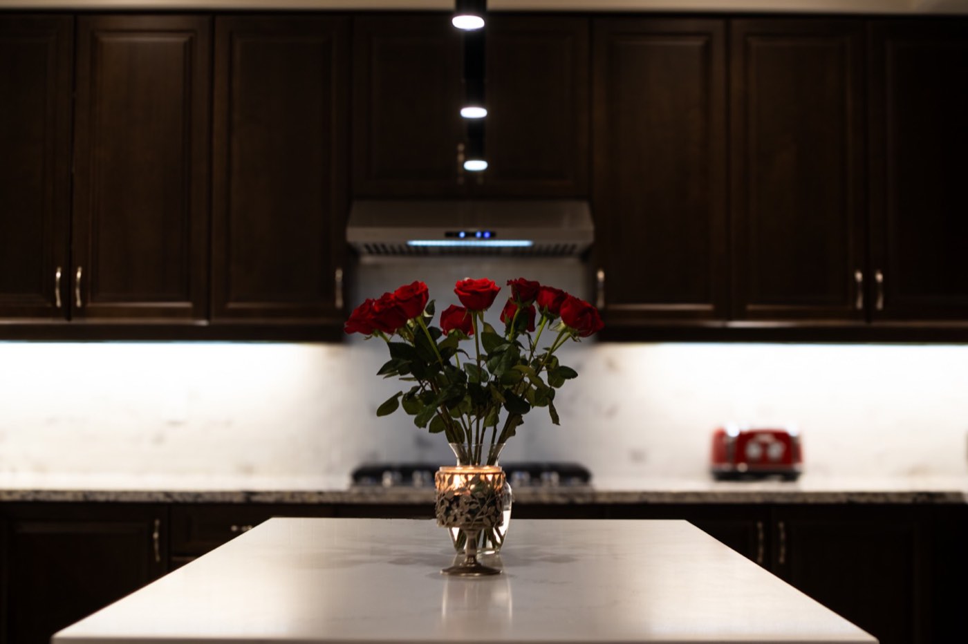 Dark kitchen with under-cabinet lighting